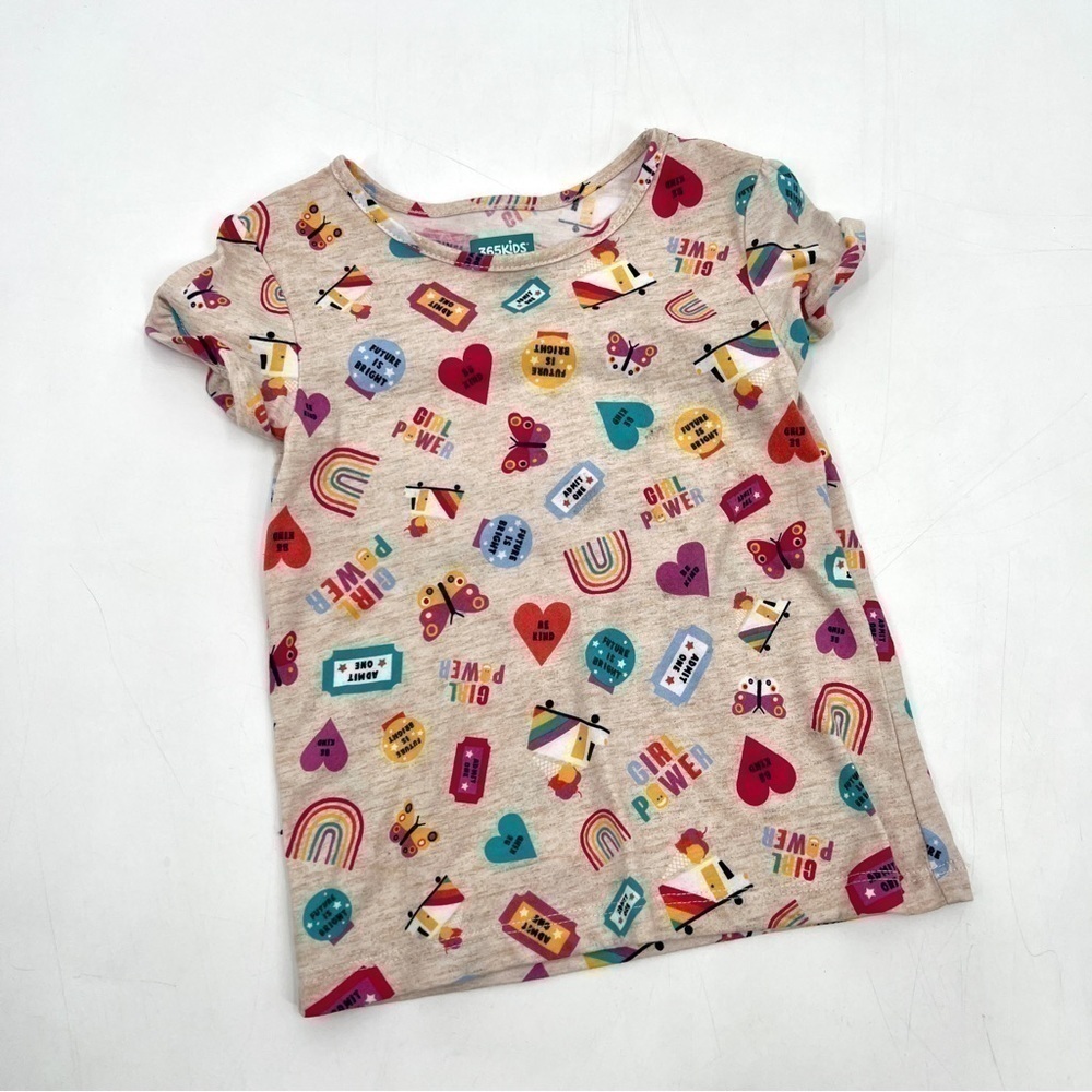 365 KIDS Girl's Tan & Colorful Print Short Sleeve Casual Top Size 4